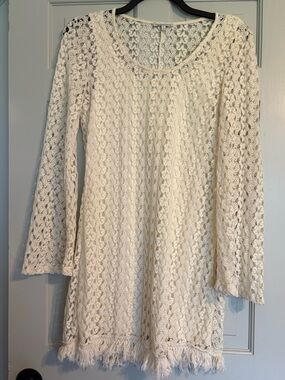 Charlotte Russe Medium Ivory Crochet Lace Long Sleeve Dress with Fringe Hem